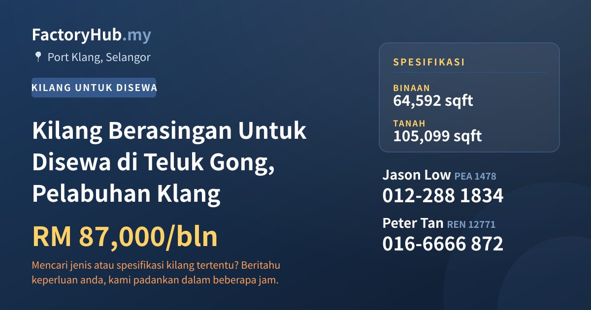 Kilang Untuk Disewa - Kilang Berasingan Untuk Disewa di Teluk Gong, Pelabuhan Klang - Port Klang, Selangor