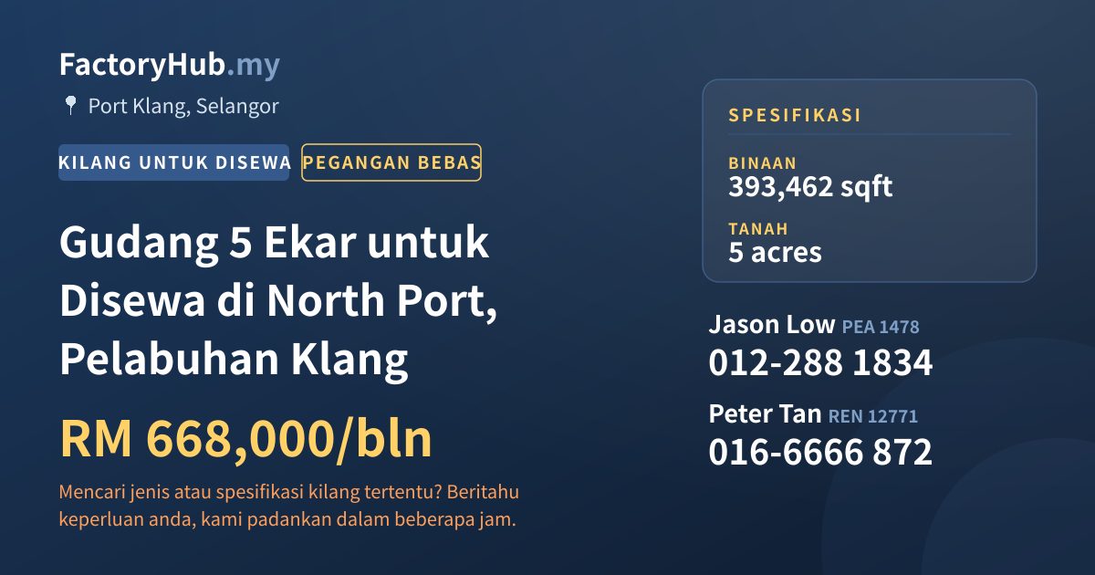 Kilang Untuk Disewa - Gudang 5 Ekar untuk Disewa di North Port, Pelabuhan Klang - Port Klang, Selangor