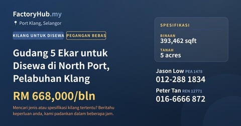 Kilang Untuk Disewa - Gudang 5 Ekar untuk Disewa di North Port, Pelabuhan Klang - Port Klang, Selangor