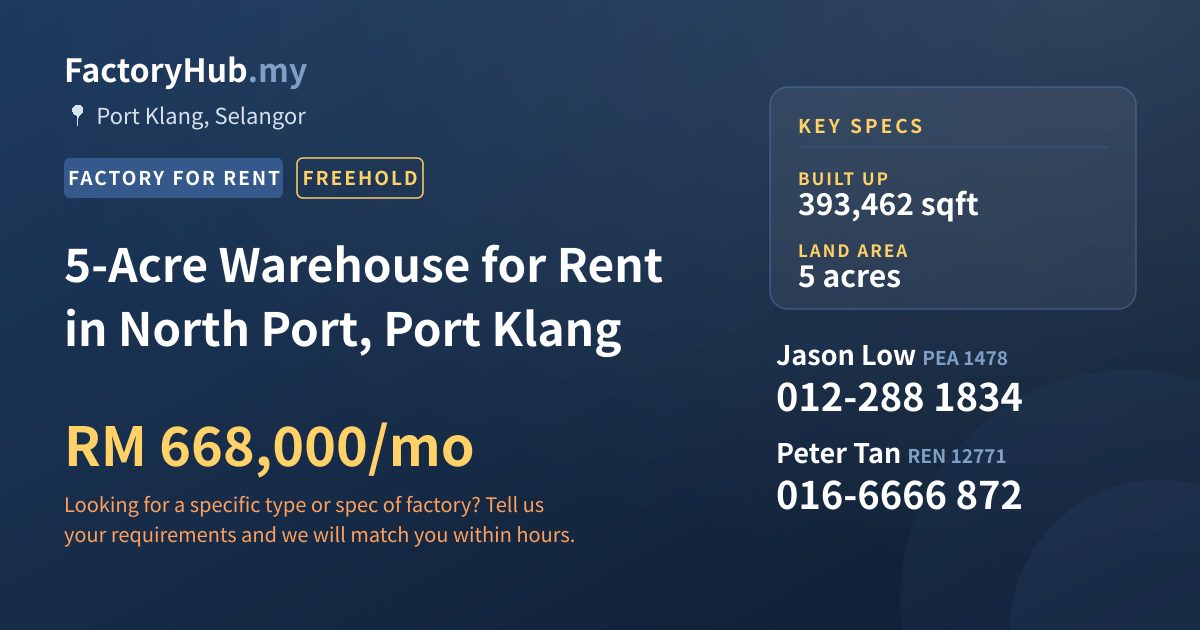 Factory For Rent - 5-Acre Warehouse for Rent in North Port, Port Klang - Port Klang, Selangor