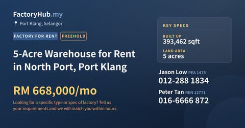 Factory For Rent - 5-Acre Warehouse for Rent in North Port, Port Klang - Port Klang, Selangor