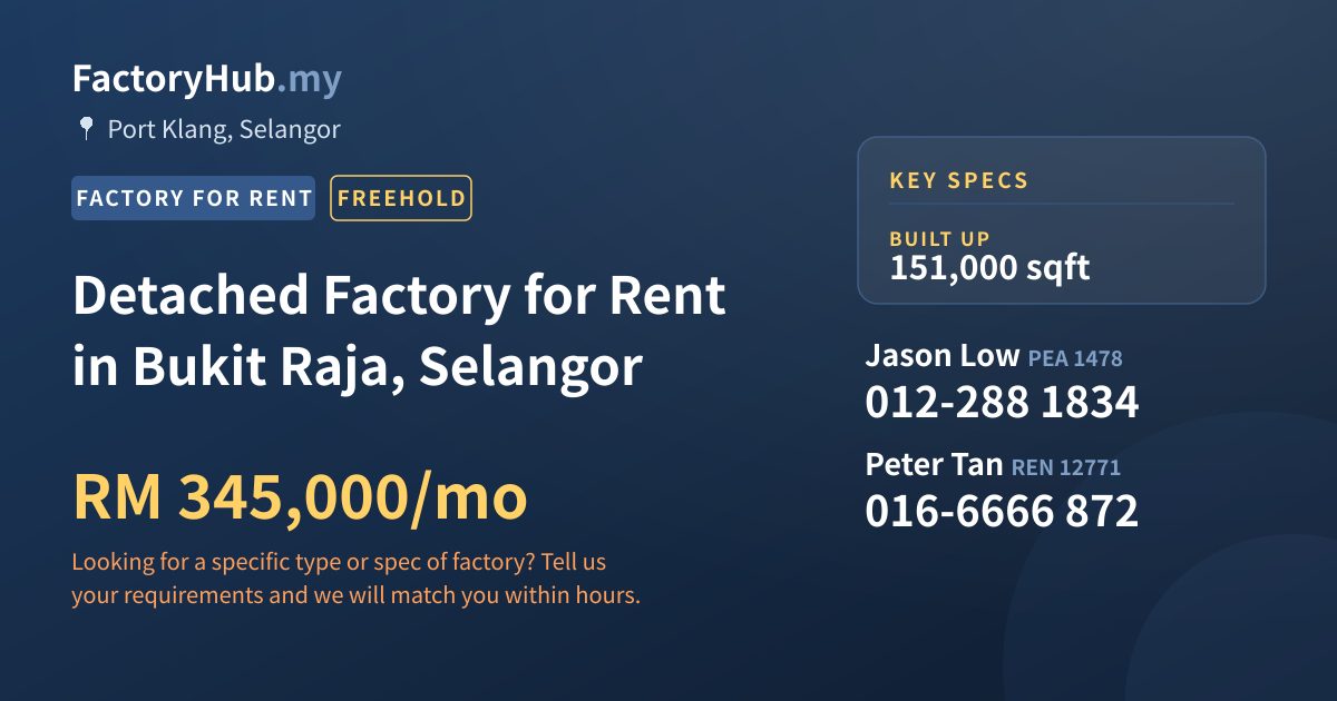 Factory For Rent - Detached Factory for Rent in Bukit Raja, Selangor - Port Klang, Selangor