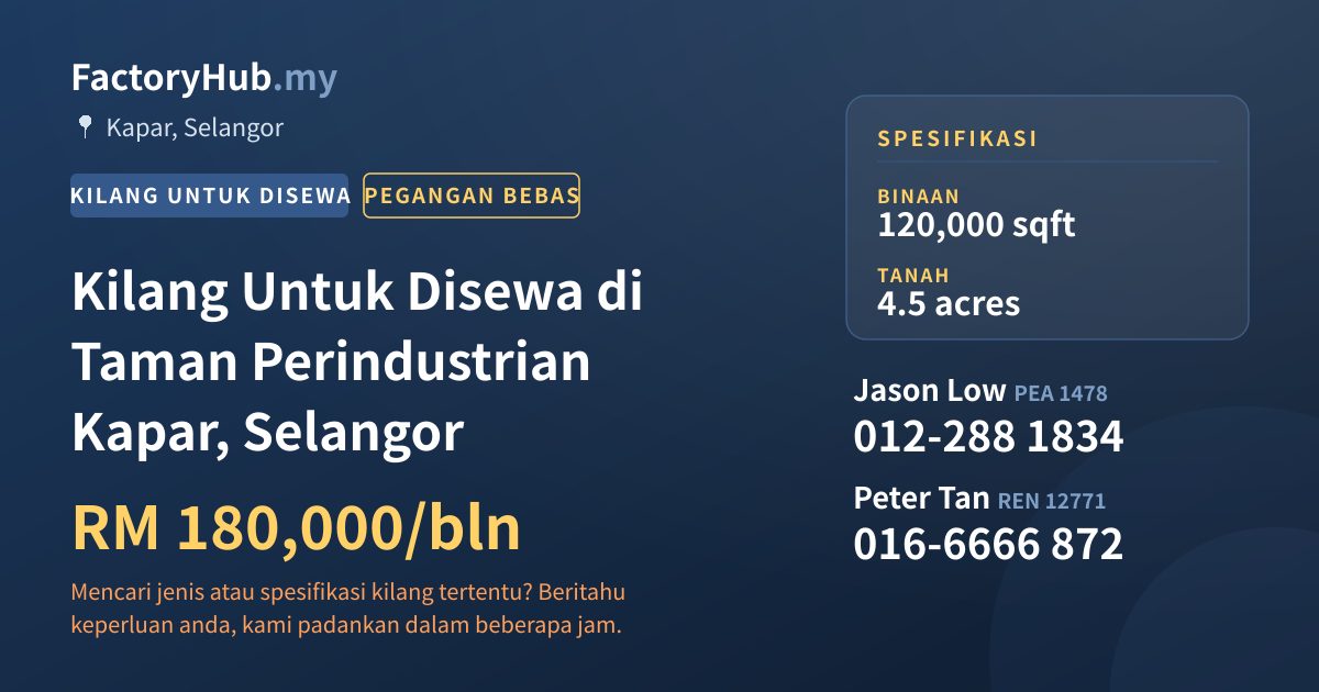 Kilang Untuk Disewa - Kilang Untuk Disewa di Taman Perindustrian Kapar, Selangor - Kapar, Selangor
