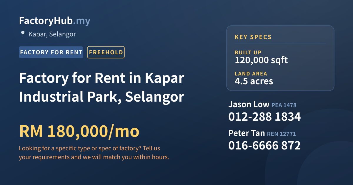 Factory For Rent - Factory for Rent in Kapar Industrial Park, Selangor - Kapar, Selangor