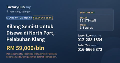 Kilang Untuk Disewa - Kilang Semi-D Untuk Disewa di North Port, Pelabuhan Klang - Port Klang, Selangor