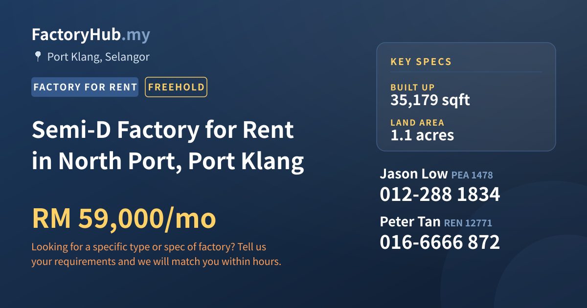 Factory For Rent - Semi-D Factory for Rent in North Port, Port Klang - Port Klang, Selangor
