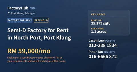Factory For Rent - Semi-D Factory for Rent in North Port, Port Klang - Port Klang, Selangor