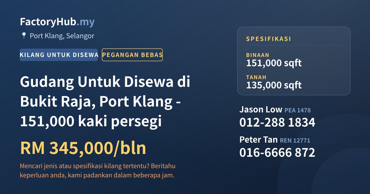 Kilang Untuk Disewa - Gudang Untuk Disewa di Bukit Raja, Port Klang - 151,000 kaki persegi - Port Klang, Selangor