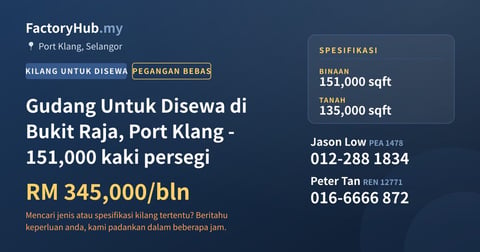Kilang Untuk Disewa - Gudang Untuk Disewa di Bukit Raja, Port Klang - 151,000 kaki persegi - Port Klang, Selangor