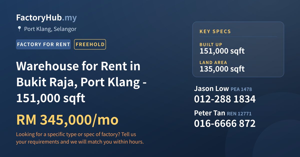 Factory For Rent - Warehouse for Rent in Bukit Raja, Port Klang - 151,000 sqft - Port Klang, Selangor