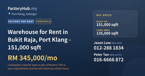Factory For Rent - Warehouse for Rent in Bukit Raja, Port Klang - 151,000 sqft - Port Klang, Selangor