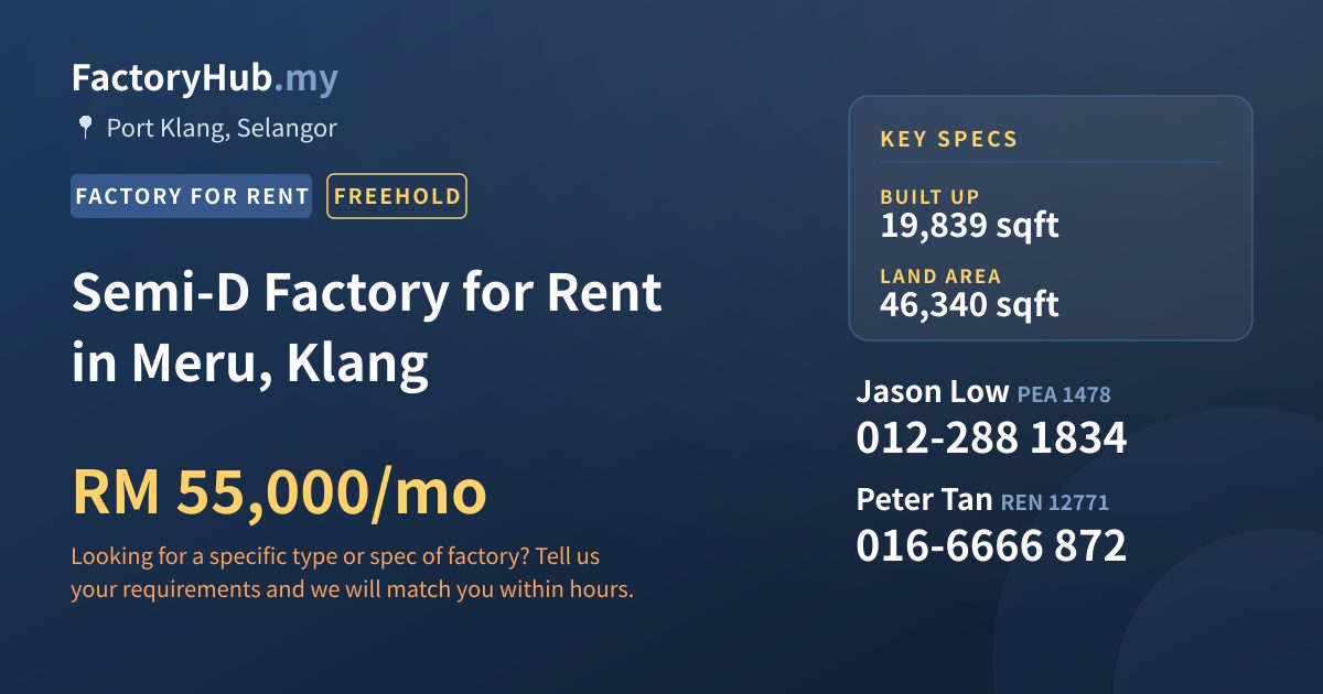 Factory For Rent - Semi-D Factory for Rent in Meru, Klang - Port Klang, Selangor
