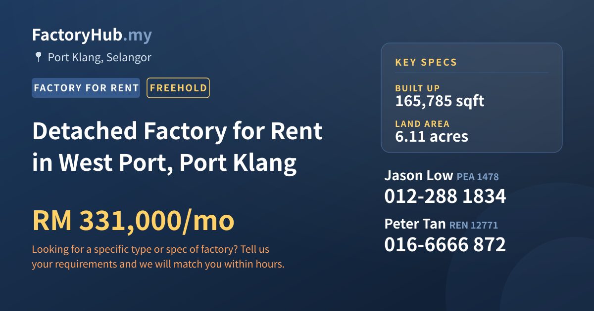 Factory For Rent - Detached Factory for Rent in West Port, Port Klang - Port Klang, Selangor