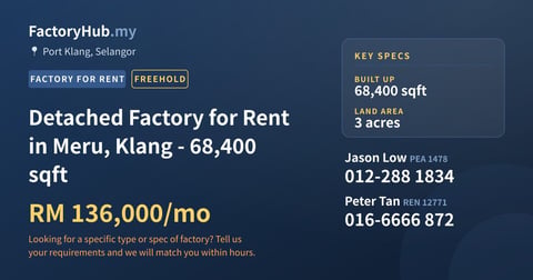 Factory For Rent - Detached Factory for Rent in Meru, Klang - 68,400 sqft - Port Klang, Selangor