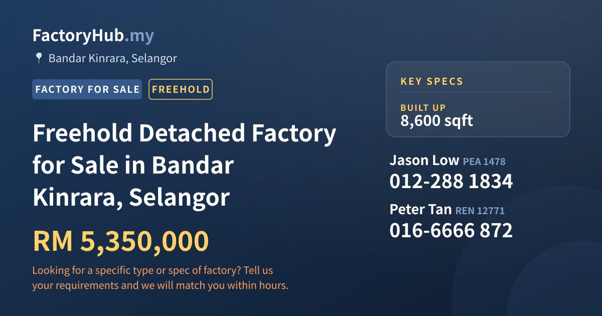 Factory For Sale - Freehold Detached Factory for Sale in Bandar Kinrara, Selangor - Bandar Kinrara, Selangor