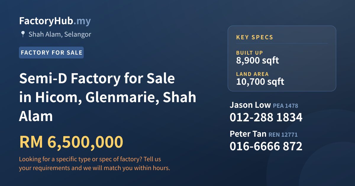 Factory For Sale - Semi-D Factory for Sale in Hicom, Glenmarie, Shah Alam - Shah Alam, Selangor