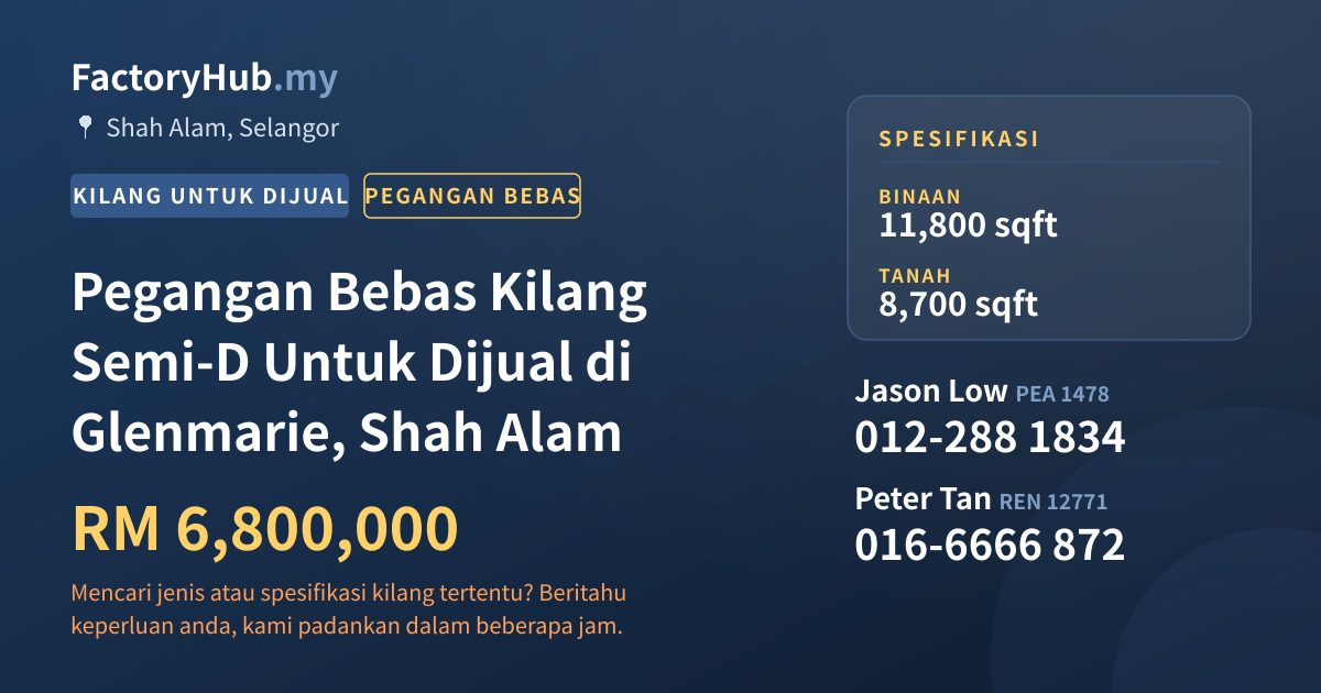 Kilang Untuk Dijual - Pegangan Bebas Kilang Semi-D Untuk Dijual di Glenmarie, Shah Alam - Shah Alam, Selangor