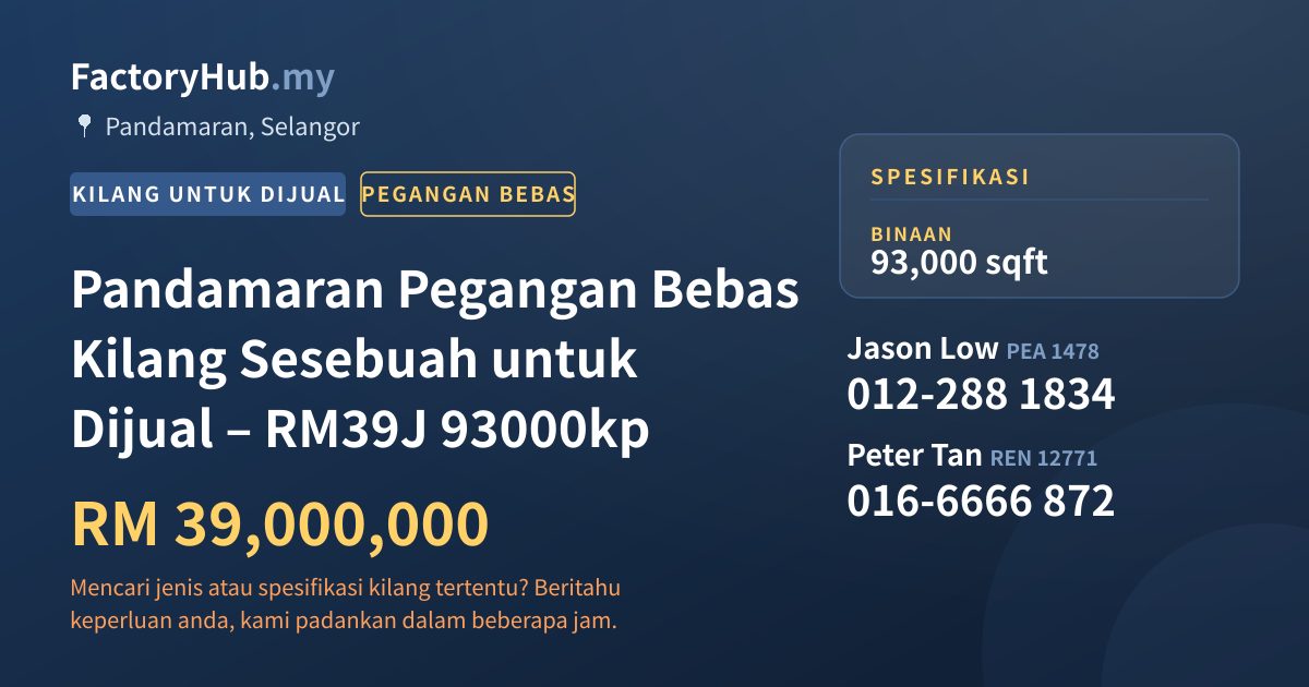 Kilang Untuk Dijual - Pandamaran Pegangan Bebas Kilang Sesebuah untuk Dijual – RM39J 93000kp - Pandamaran, Selangor