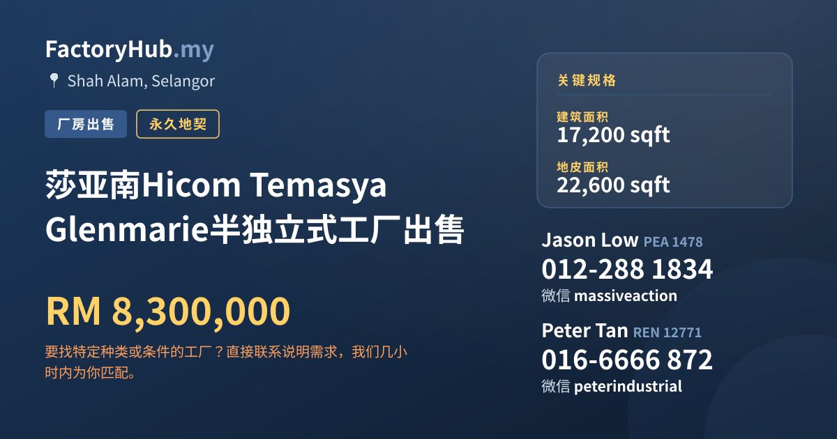工厂 出售 - 莎亚南Hicom Temasya Glenmarie半独立式工厂出售 - Shah Alam, Selangor