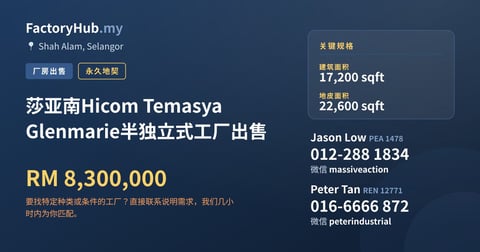 工厂 出售 - 莎亚南Hicom Temasya Glenmarie半独立式工厂出售 - Shah Alam, Selangor