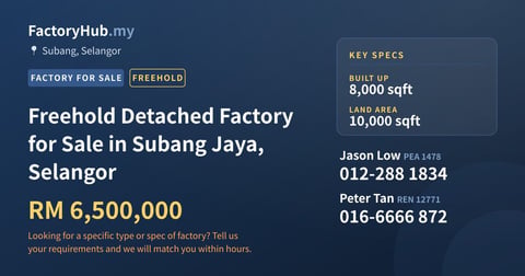 Factory For Sale - Freehold Detached Factory for Sale in Subang Jaya, Selangor - Subang, Selangor