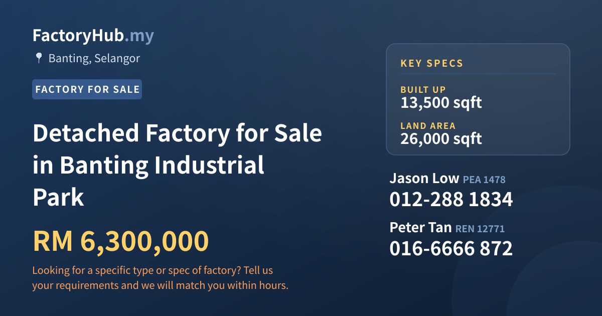 Factory For Sale - Detached Factory for Sale in Banting Industrial Park - Banting, Selangor