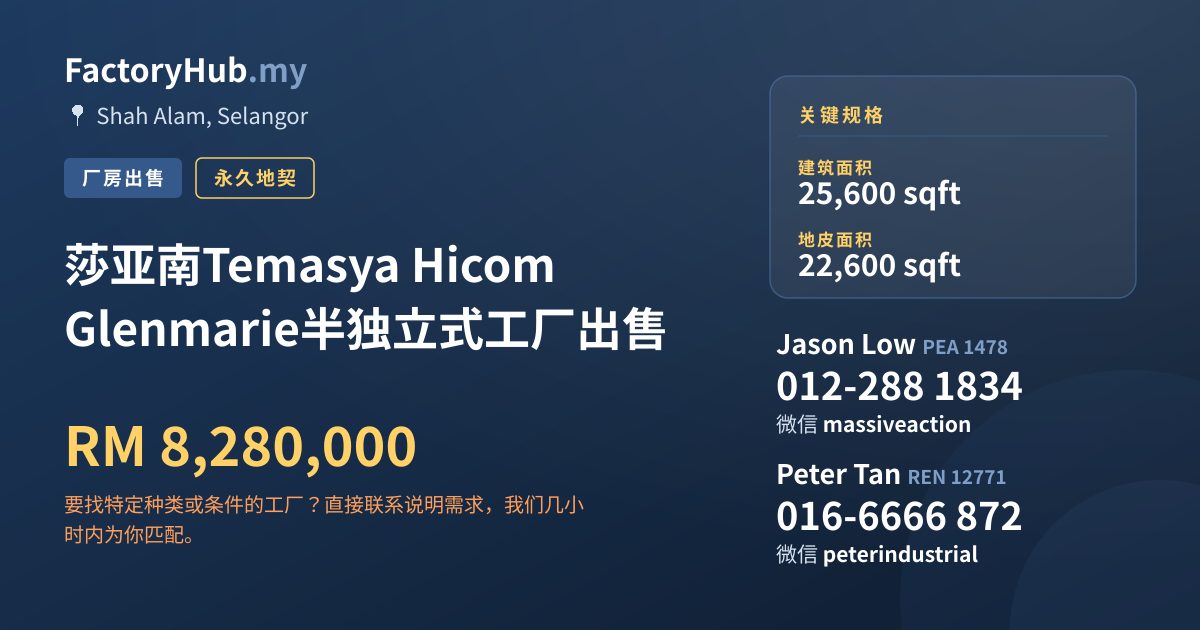 工厂 出售 - 莎亚南Temasya Hicom Glenmarie半独立式工厂出售 - Shah Alam, Selangor