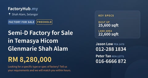 Factory For Sale - Semi-D Factory for Sale in Temasya Hicom Glenmarie Shah Alam - Shah Alam, Selangor