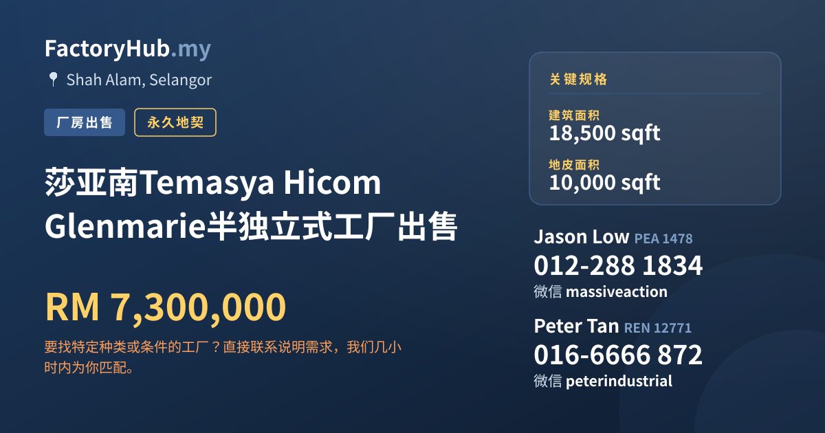 工厂 出售 - 莎亚南Temasya Hicom Glenmarie半独立式工厂出售 - Shah Alam, Selangor