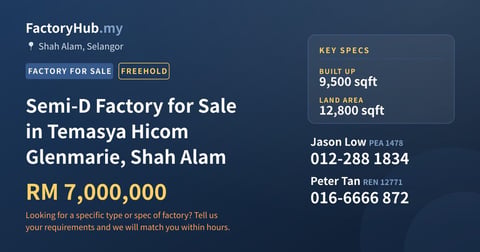 Factory For Sale - Semi-D Factory for Sale in Temasya Hicom Glenmarie, Shah Alam - Shah Alam, Selangor