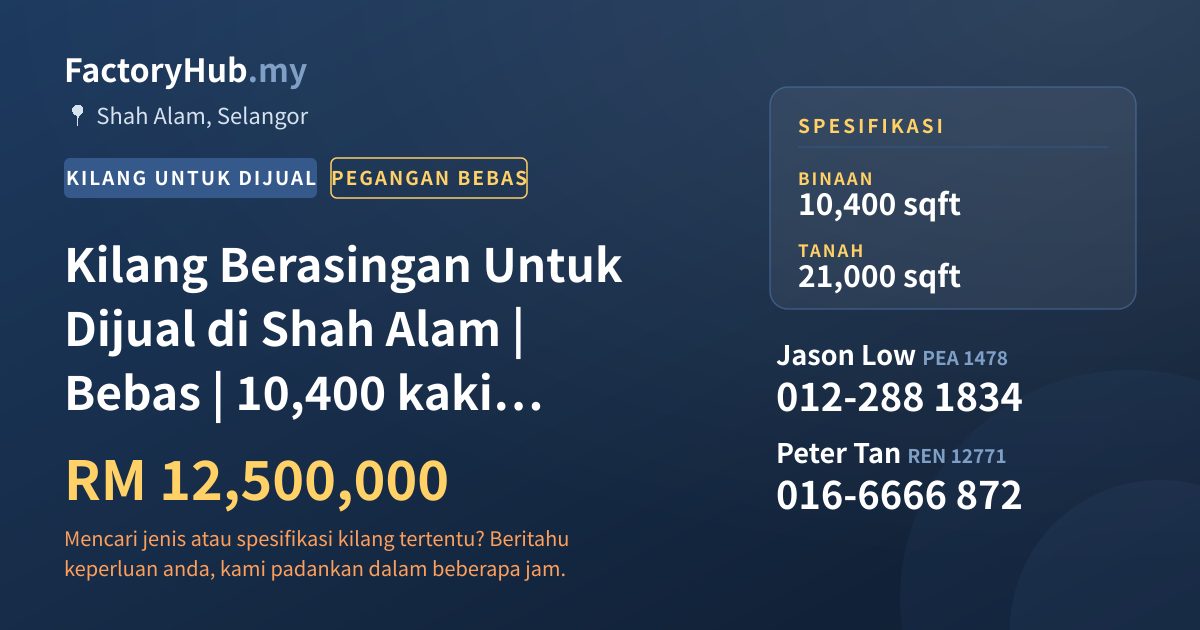Kilang Untuk Dijual - Kilang Berasingan Untuk Dijual di Shah Alam | Bebas | 10,400 kaki persegi - Shah Alam, Selangor