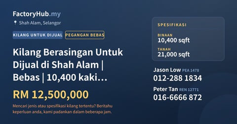 Kilang Untuk Dijual - Kilang Berasingan Untuk Dijual di Shah Alam | Bebas | 10,400 kaki persegi - Shah Alam, Selangor