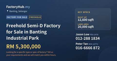 Factory For Sale - Freehold Semi-D Factory for Sale in Banting Industrial Park - Banting, Selangor