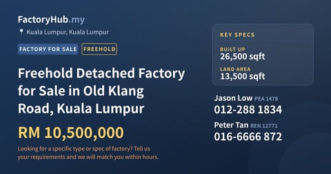Factory For Sale - Freehold Detached Factory for Sale in Old Klang Road, Kuala Lumpur - Kuala Lumpur, Kuala Lumpur