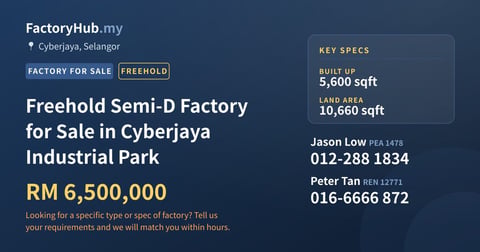 Factory For Sale - Freehold Semi-D Factory for Sale in Cyberjaya Industrial Park - Cyberjaya, Selangor