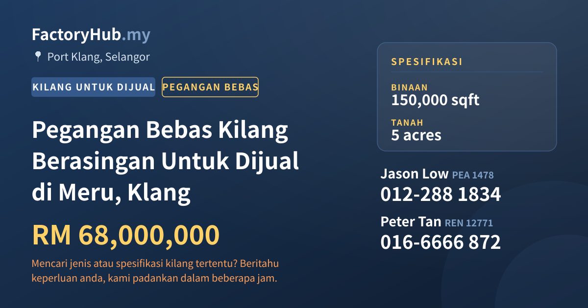 Kilang Untuk Dijual - Pegangan Bebas Kilang Berasingan Untuk Dijual di Meru, Klang - Port Klang, Selangor