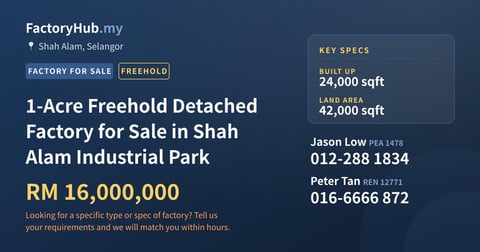 Factory For Sale - 1-Acre Freehold Detached Factory for Sale in Shah Alam Industrial Park - Shah Alam, Selangor