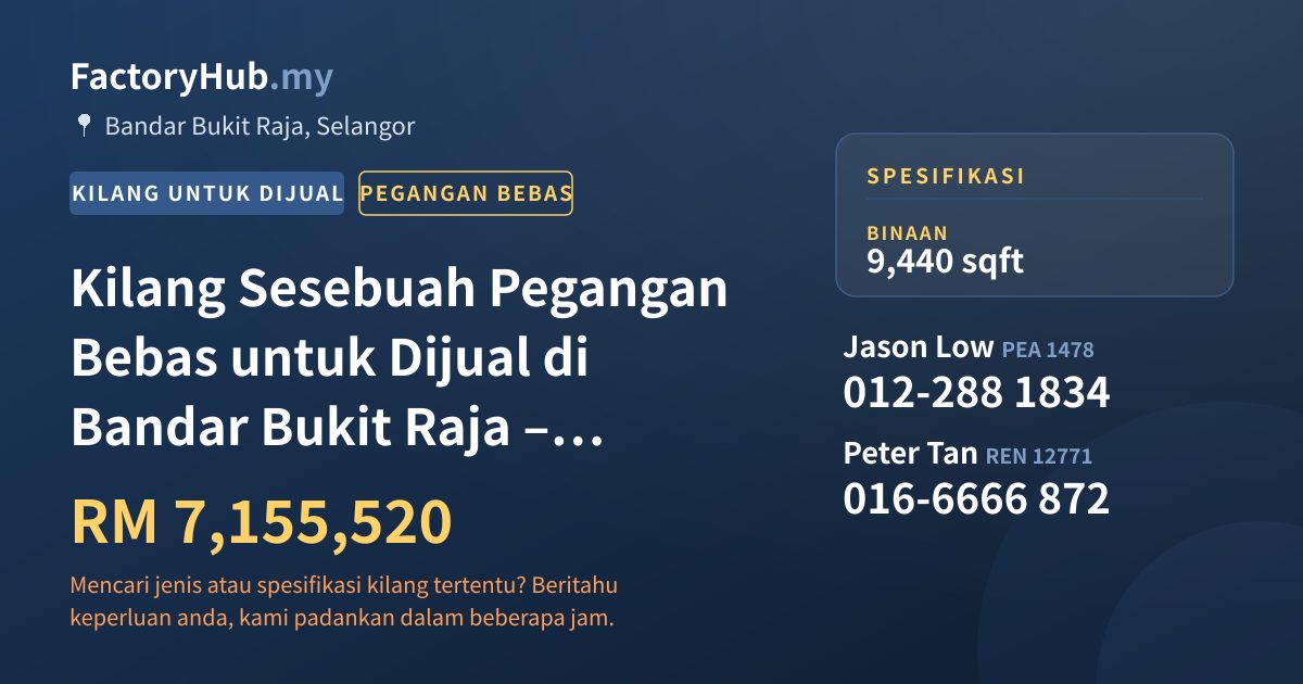 Kilang Untuk Dijual - Kilang Sesebuah Pegangan Bebas untuk Dijual di Bandar Bukit Raja – RM7.16J 9440kp - Bandar Bukit Raja, Selangor