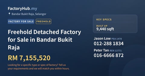 Freehold Detached Factory for Sale in Bandar Bukit Raja, 9,440 sqft