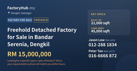Factory For Sale - Freehold Detached Factory for Sale in Bandar Serenia, Dengkil - Dengkil, Selangor