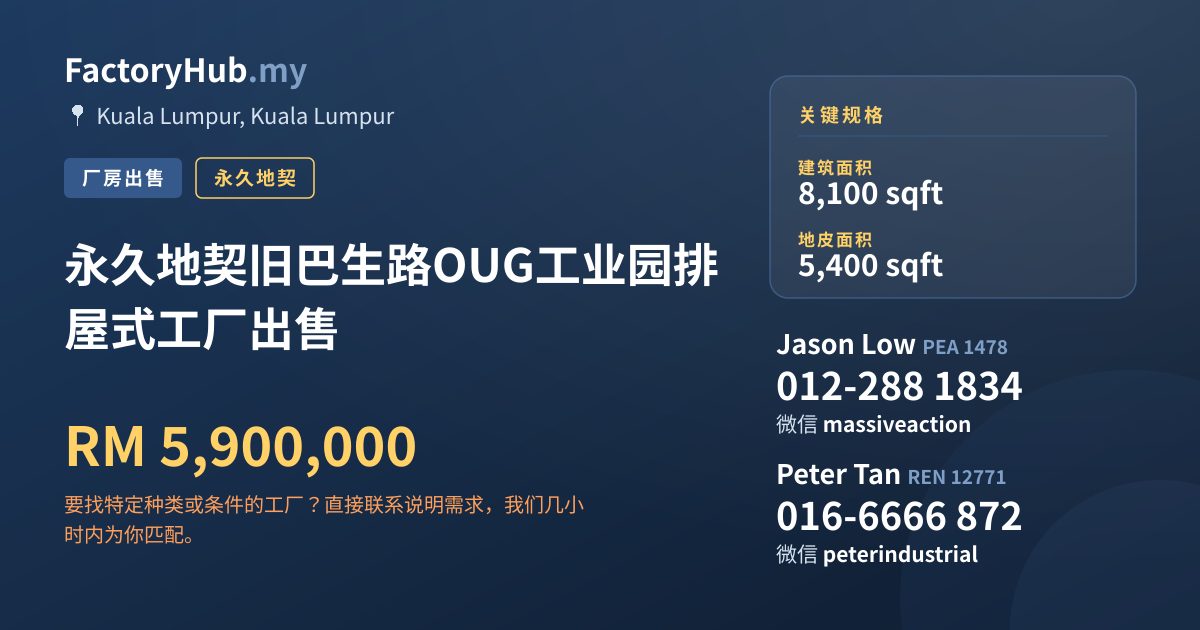 工厂 出售 - 永久地契旧巴生路OUG工业园排屋式工厂出售 - Kuala Lumpur, Kuala Lumpur