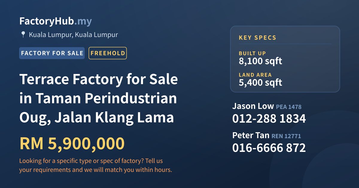 Factory For Sale - Terrace Factory for Sale in Taman Perindustrian Oug, Jalan Klang Lama - Kuala Lumpur, Kuala Lumpur
