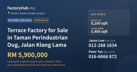 Factory For Sale - Terrace Factory for Sale in Taman Perindustrian Oug, Jalan Klang Lama - Kuala Lumpur, Kuala Lumpur