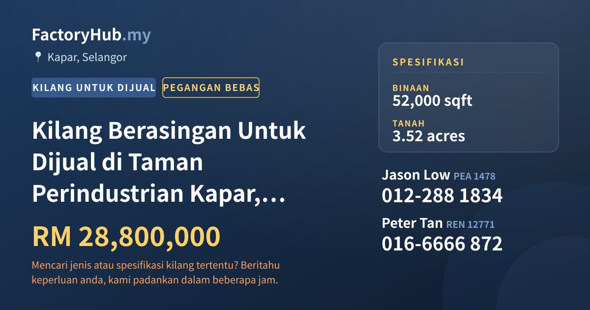 Kilang Untuk Dijual - Kilang Berasingan Untuk Dijual di Taman Perindustrian Kapar, Kapar - Kapar, Selangor