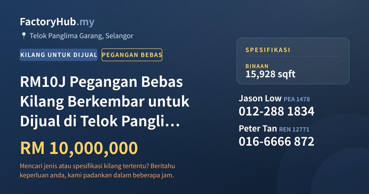 Kilang Untuk Dijual - RM10J Pegangan Bebas Kilang Berkembar untuk Dijual di Telok Panglima Garang – 15928kp - Telok Panglima Garang, Selangor