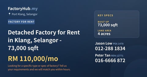 Factory For Rent - Detached Factory for Rent in Klang, Selangor - 73,000 sqft - Port Klang, Selangor