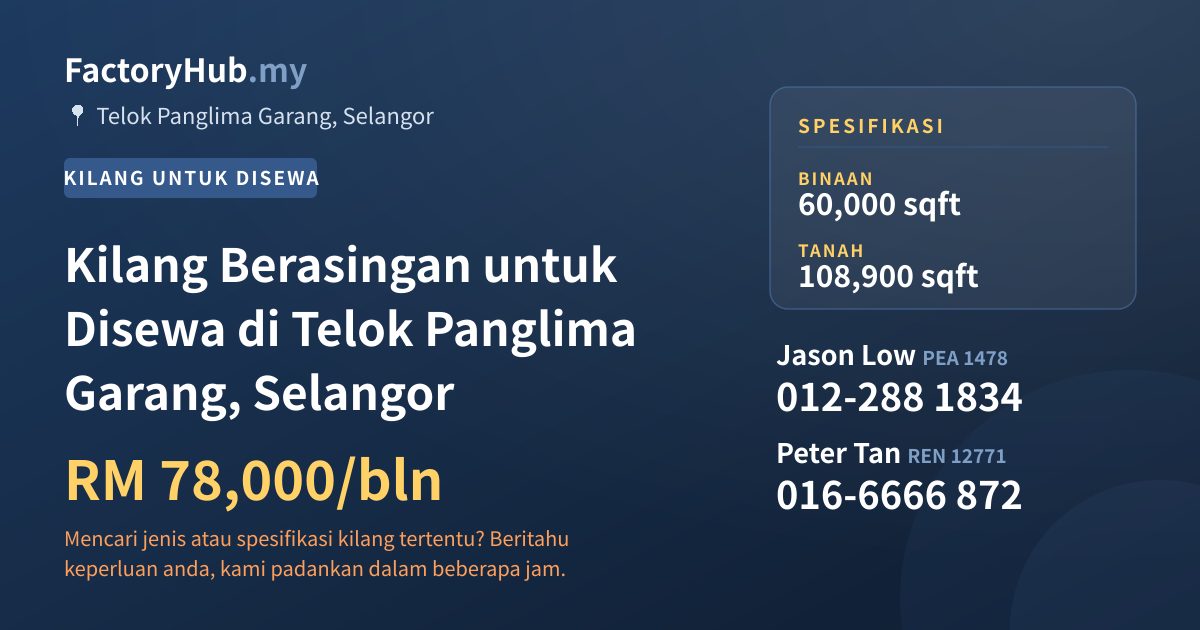 Kilang Untuk Disewa - Kilang Berasingan untuk Disewa di Telok Panglima Garang, Selangor - Telok Panglima Garang, Selangor