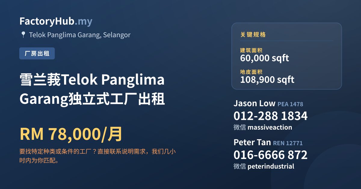 工厂 出租 - 雪兰莪Telok Panglima Garang独立式工厂出租 - Telok Panglima Garang, Selangor