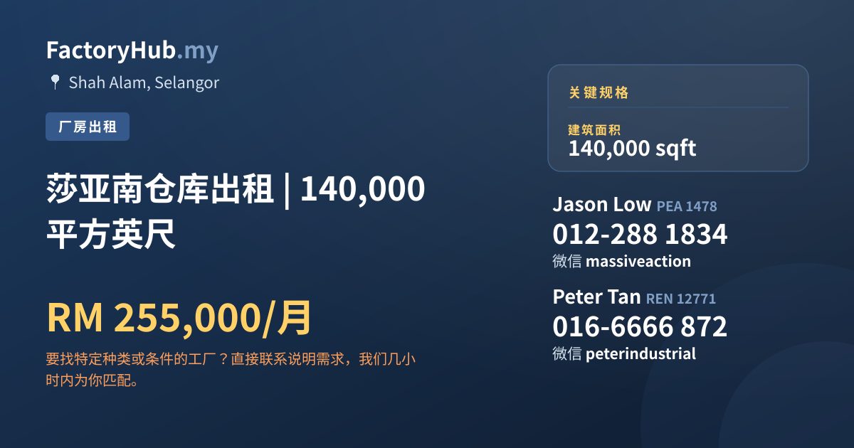 工厂 出租 - 莎亚南仓库出租 | 140,000 平方英尺 - Shah Alam, Selangor