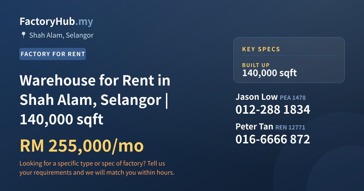 Factory For Rent - Warehouse for Rent in Shah Alam, Selangor | 140,000 sqft - Shah Alam, Selangor